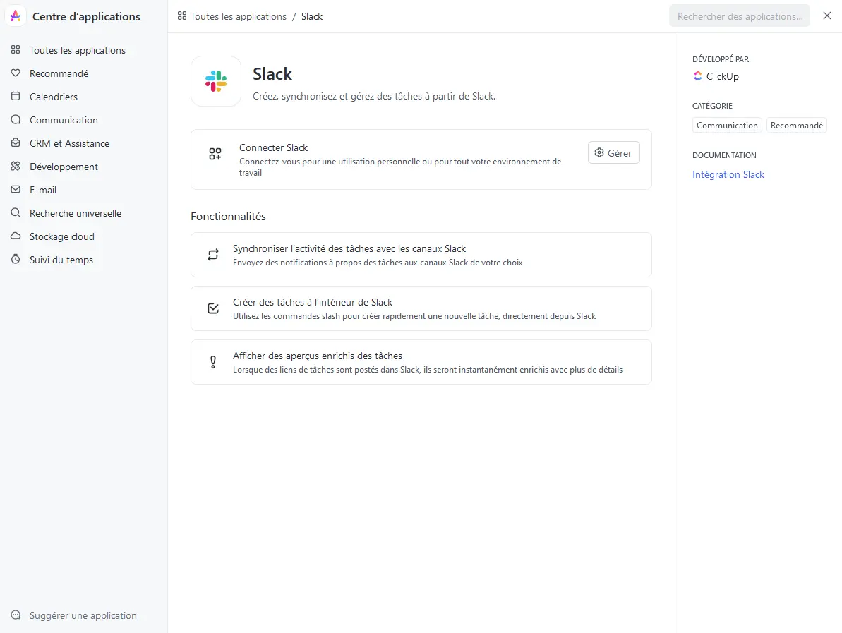Activer l'intégration Slack depuis le centre d'applications ClickUp