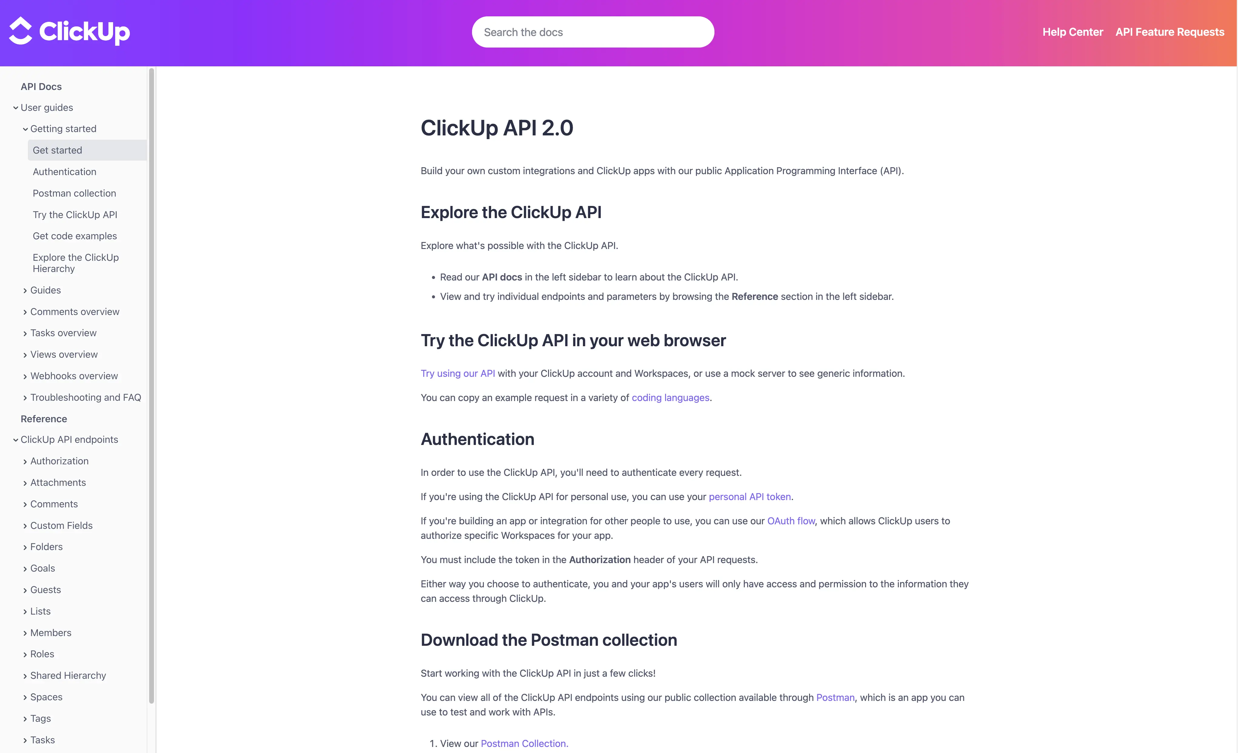 Documentation ClickUp sur l'API