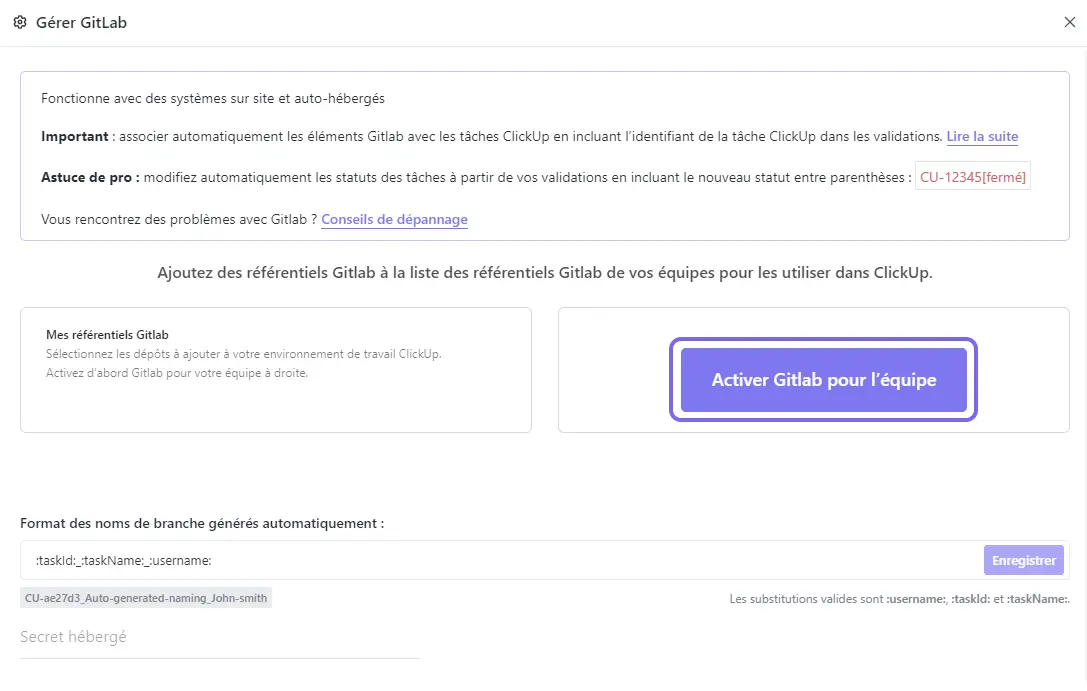 Activer Gitlab pour l'équipe de l'environnement de travail pour la première fois