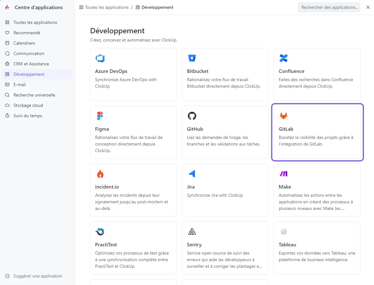 Application GitLab à partir du centre d'applications de ClickUp