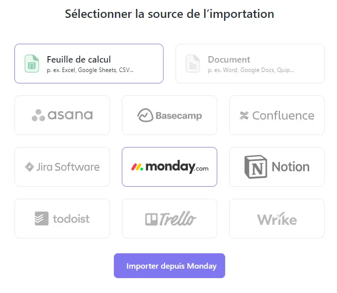 Les sources d'importations vers ClickUp