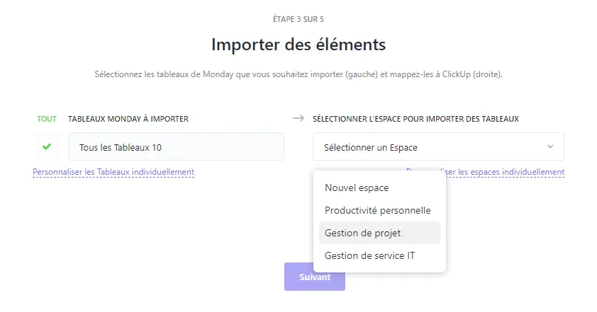 Les éléments à importer dans ClickUp