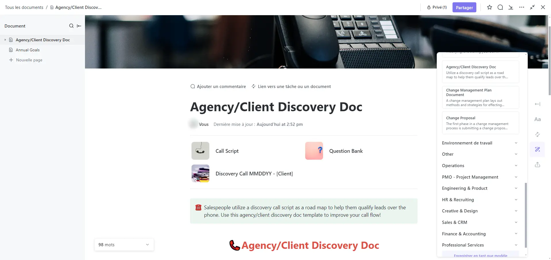 Aperçu d'un modèle de document ClickUp