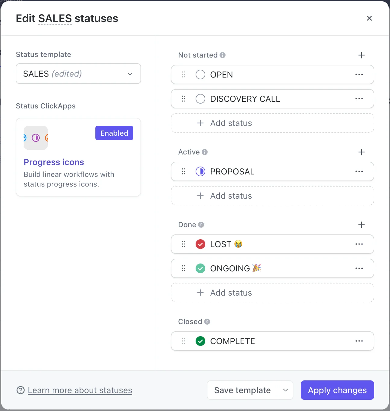 Edit Sales Statuses in ClickUp