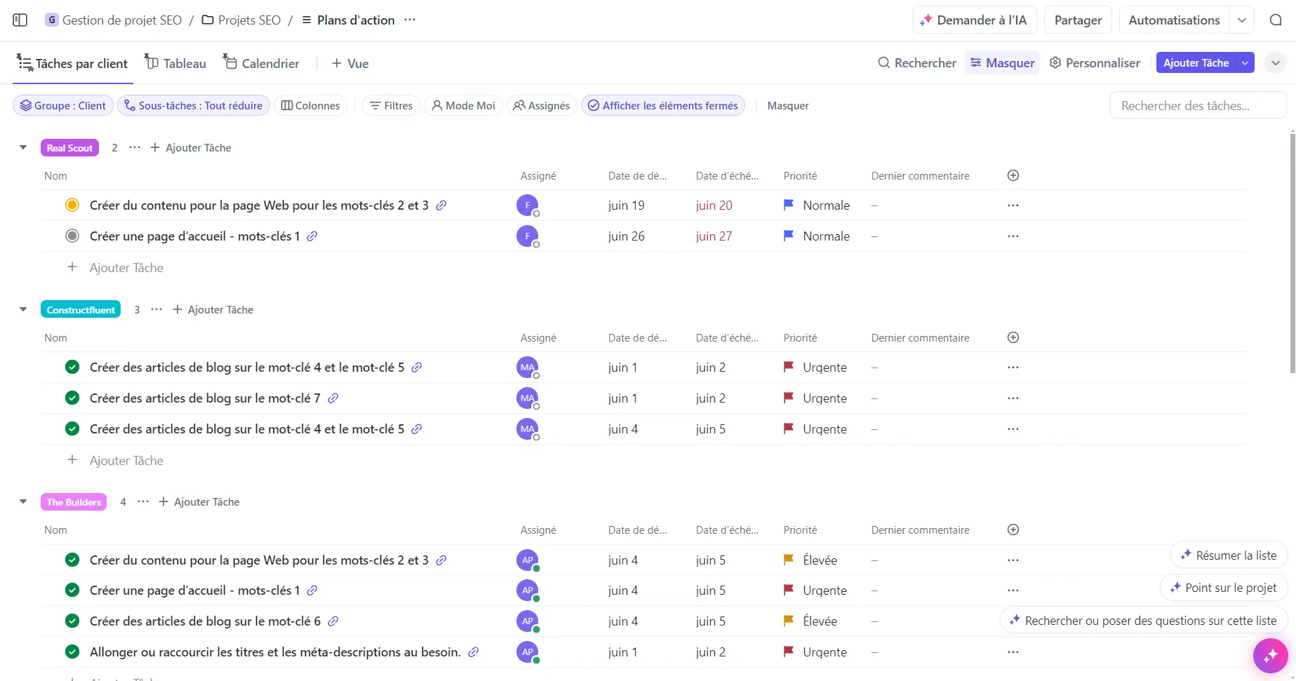 Vue Liste regroupée par Client