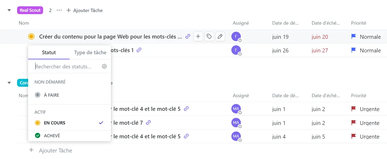 Statuts simplifiés : à faire, en cours, achevé