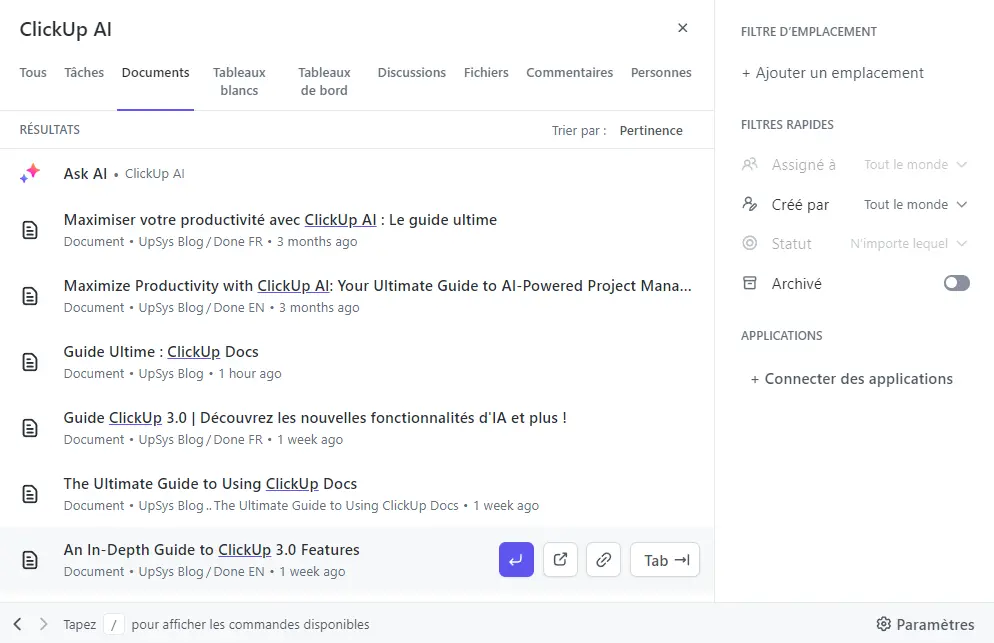 Rechercher des documents depuis le centre de commande de ClickUp