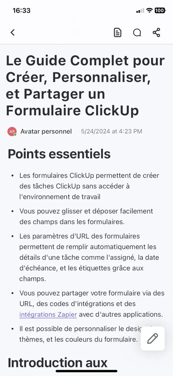 ClickUp Docs sur la version mobile