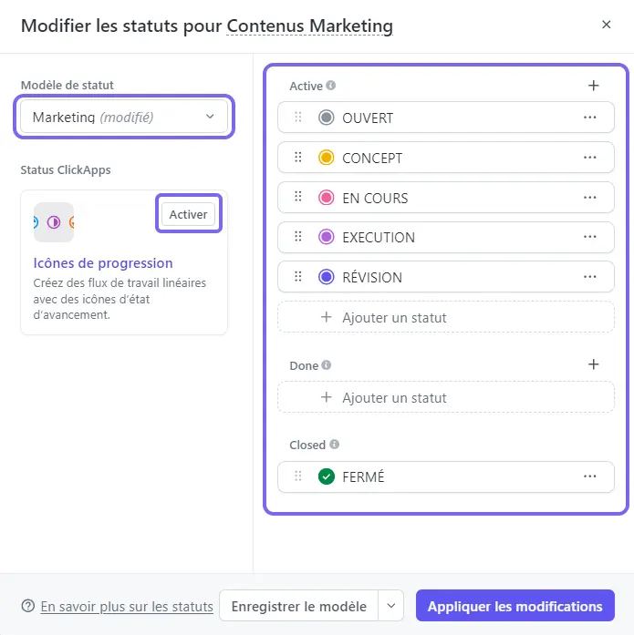 Paramètres de statuts et Activation de la ClickApp Icônes de progression pour un workflow personnalisé