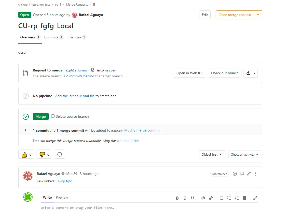 Action GitLab après association d'un commit avec l'ID de tâche ClickUp