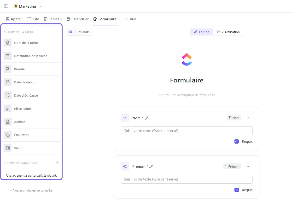 Une vue formulaire avec les champs sur ClickUp