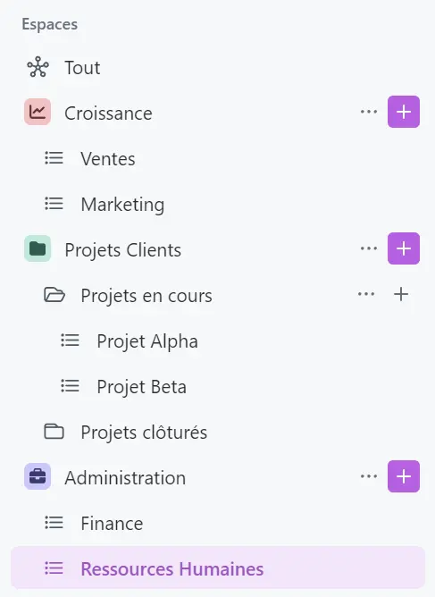 Structure hiérarchique pour une agence dans ClickUp