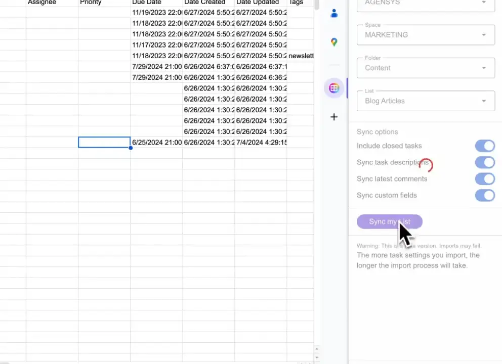 Sync your ClickUp lists in Google Sheets