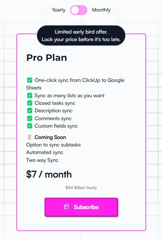 ClickUp to Sheets Pricing 