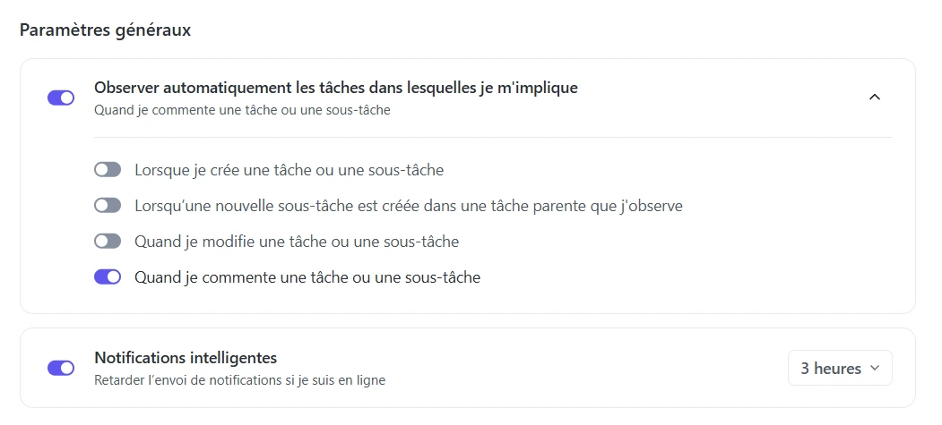 Les paramètres généraux des notifications ClickUp