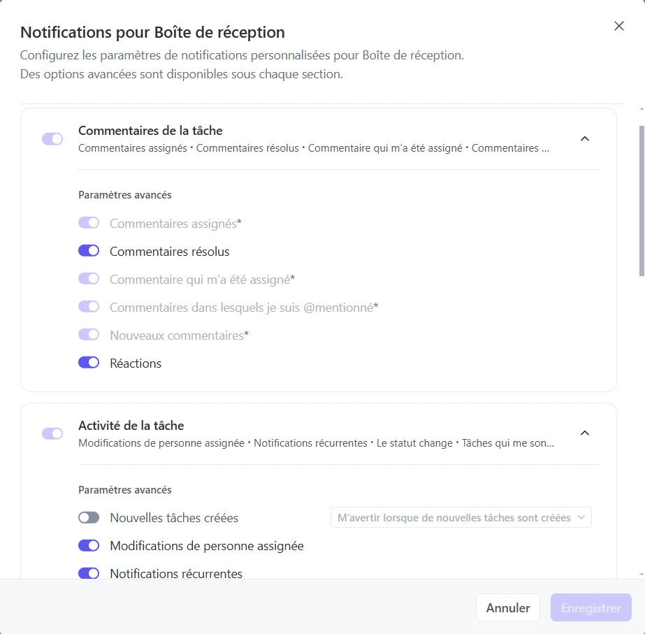 Les paramètres de notifications pour la Boîte de réception