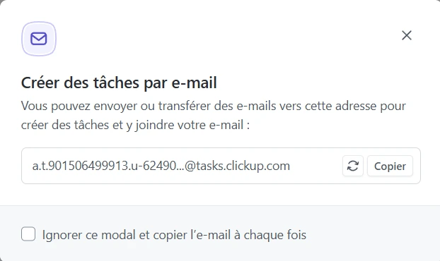 Adresse e-mail d'une liste ClickUp