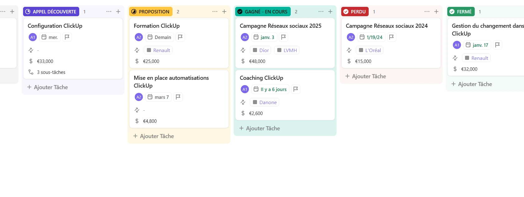 Vue Tableau d'un CRM Commercial