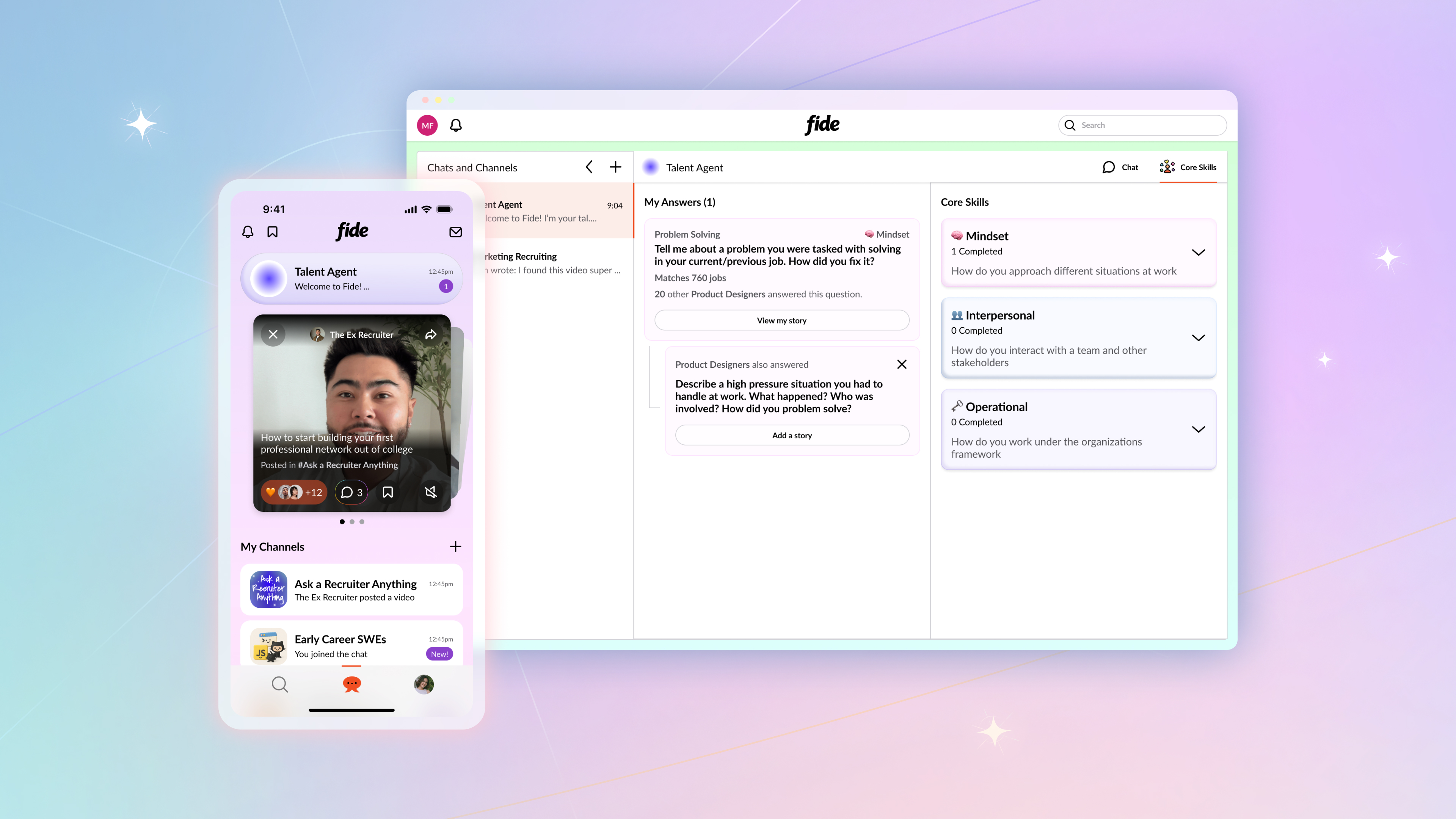 Image of the Fide Home page on the mobile app and Talent Agent Chat on the desktop verison