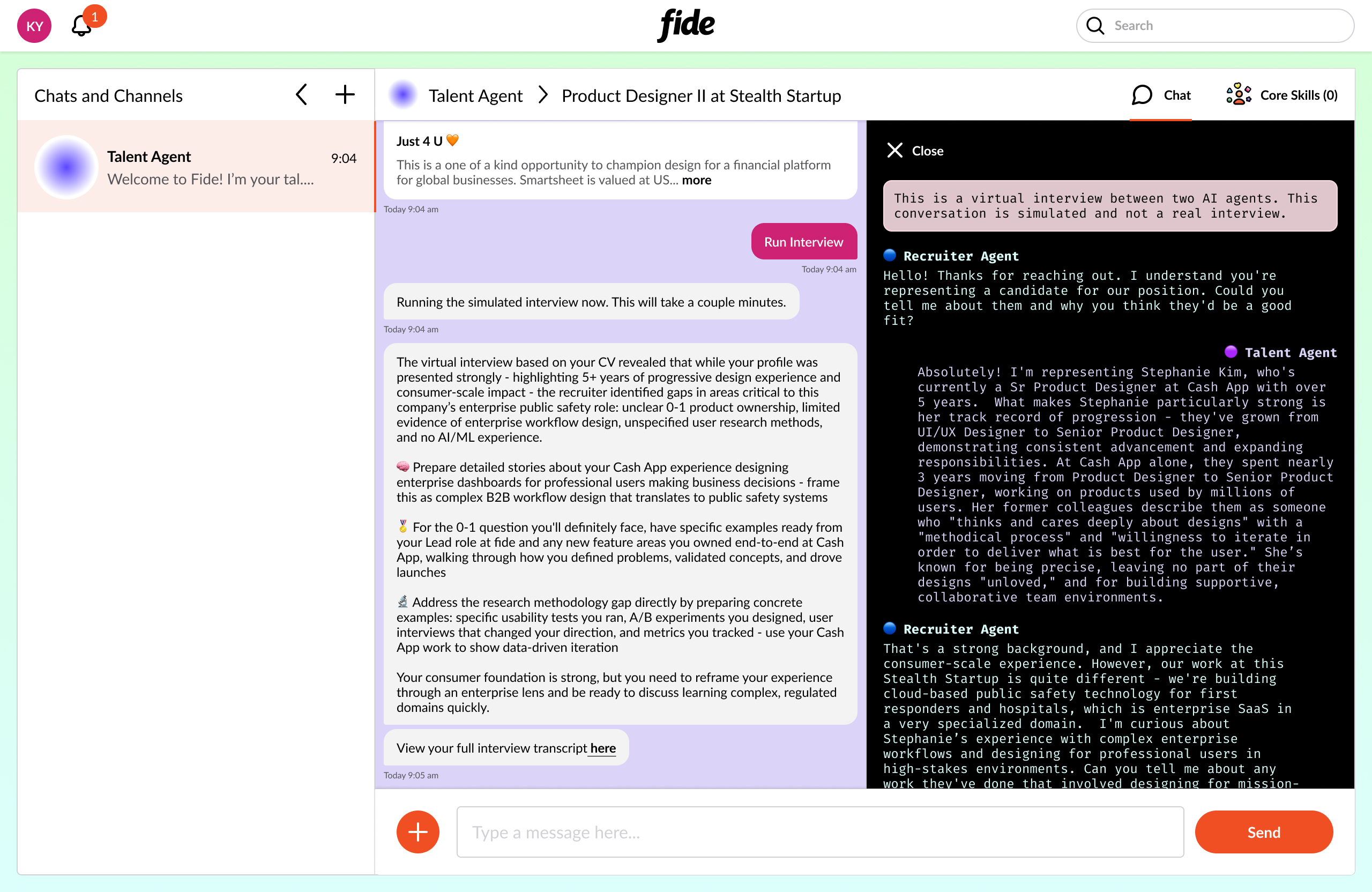 Screen showing the Summary of the synthetic interview and the split screen with the full transcript