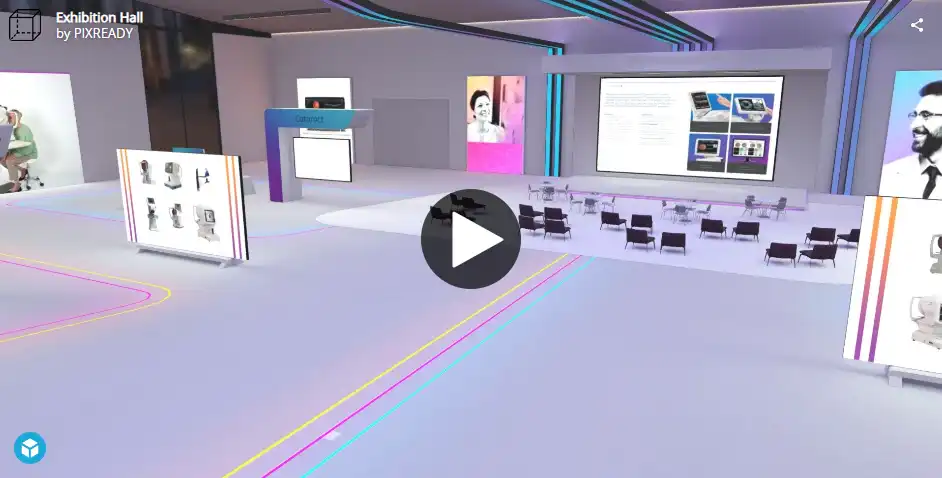 Virtual exhibition hall with digital booths, large screens displaying presentations, and rows of seating.