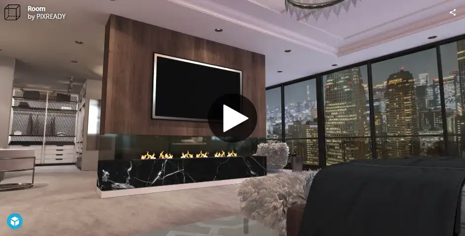 Modern bedroom with large windows showing city skyline at night, a wall-mounted TV above a sleek black marble fireplace, and cozy seating with fur throws.