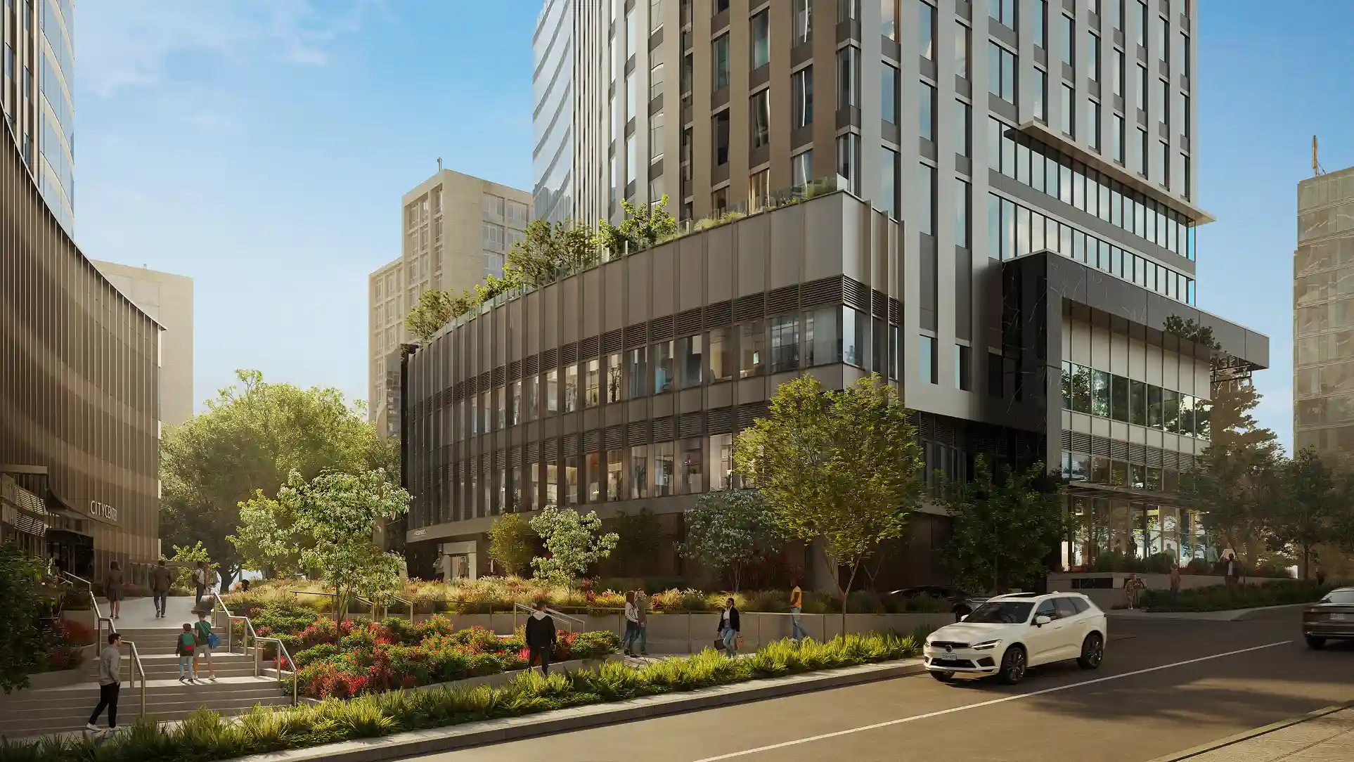 Modern urban street scene with pedestrians, greenery, and a white SUV near contemporary office buildings.
