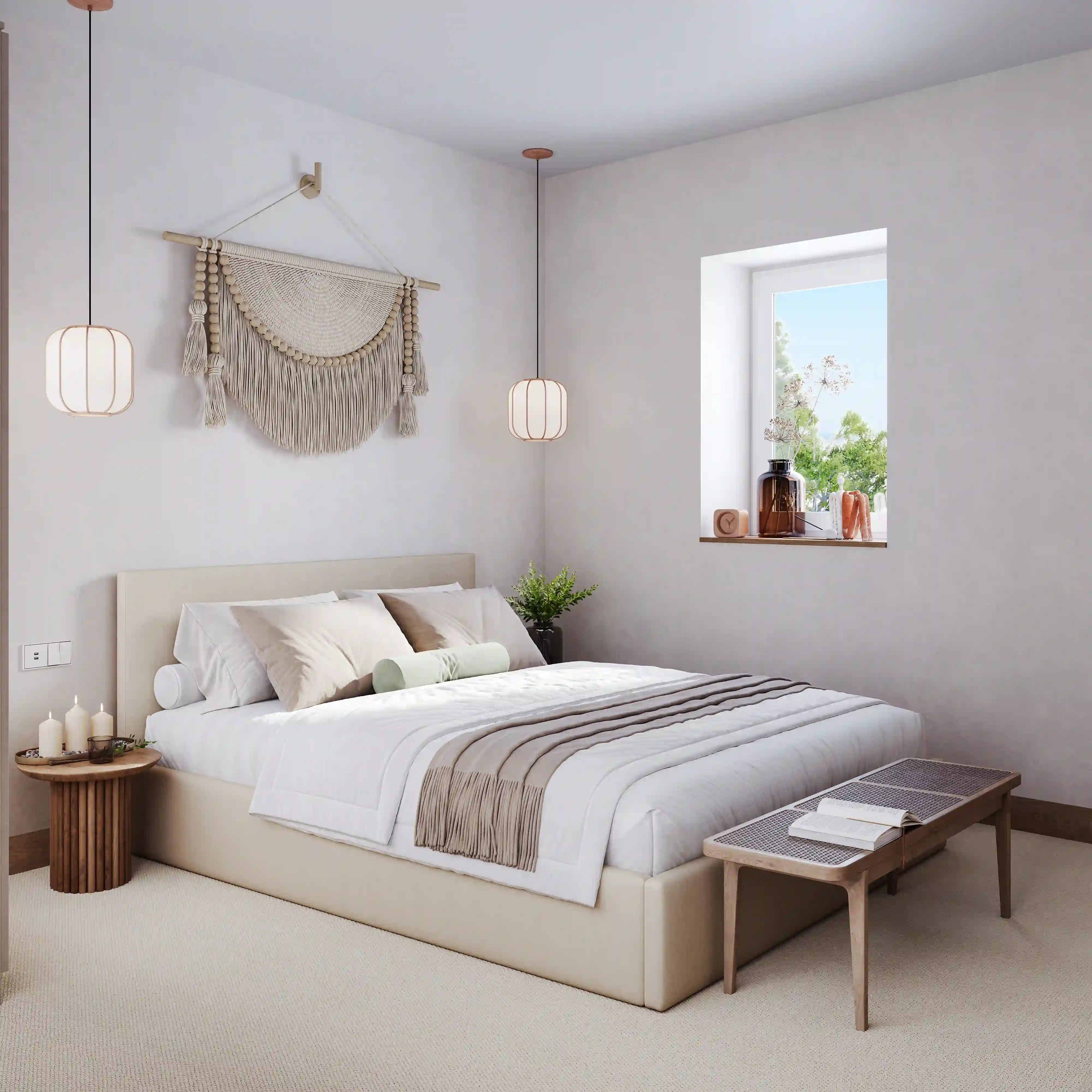 Minimalist bedroom with beige upholstered bed, neutral bedding, macrame wall hanging, two pendant lights, and a wooden bench with a book.