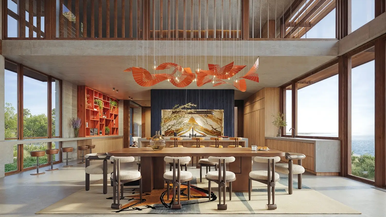 3D interior rendering services example of the Versmissen project living room with custom furniture and lighting