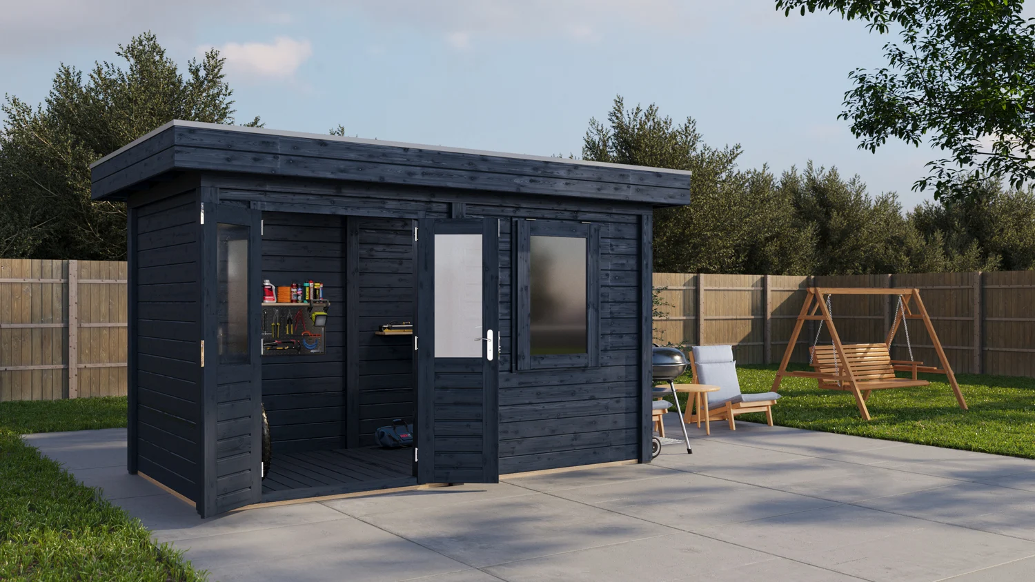 Stylish wooden garden home in 3D
