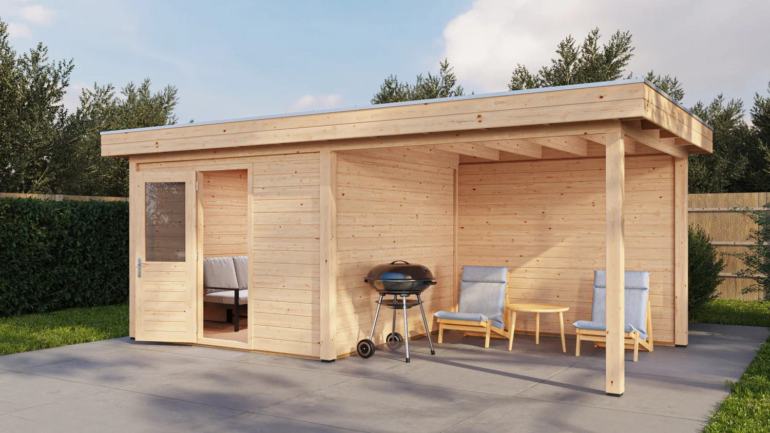 3D rendering of an elegant wooden garden home