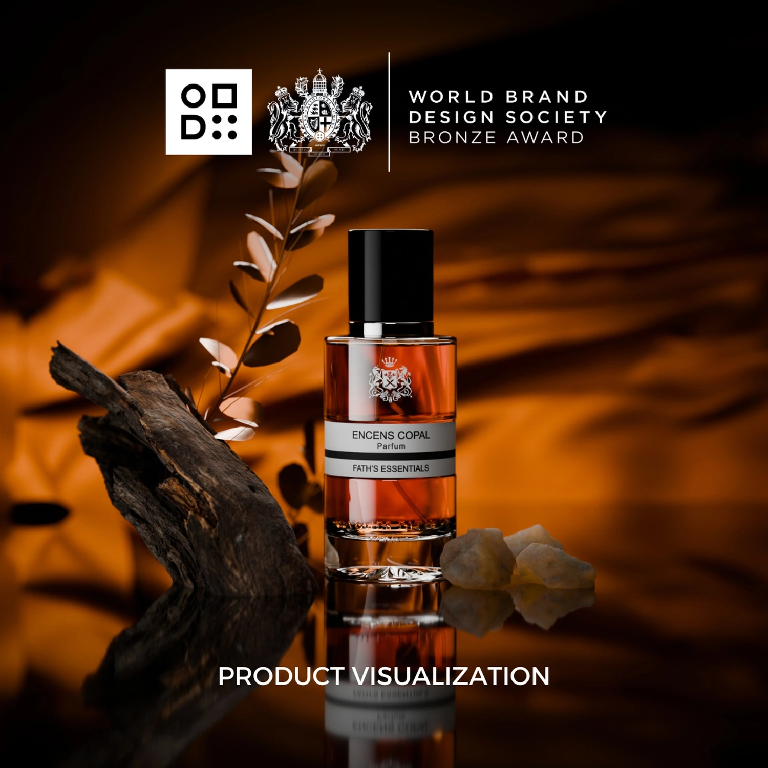 award-winning product visualization for Encens Copal Perfume