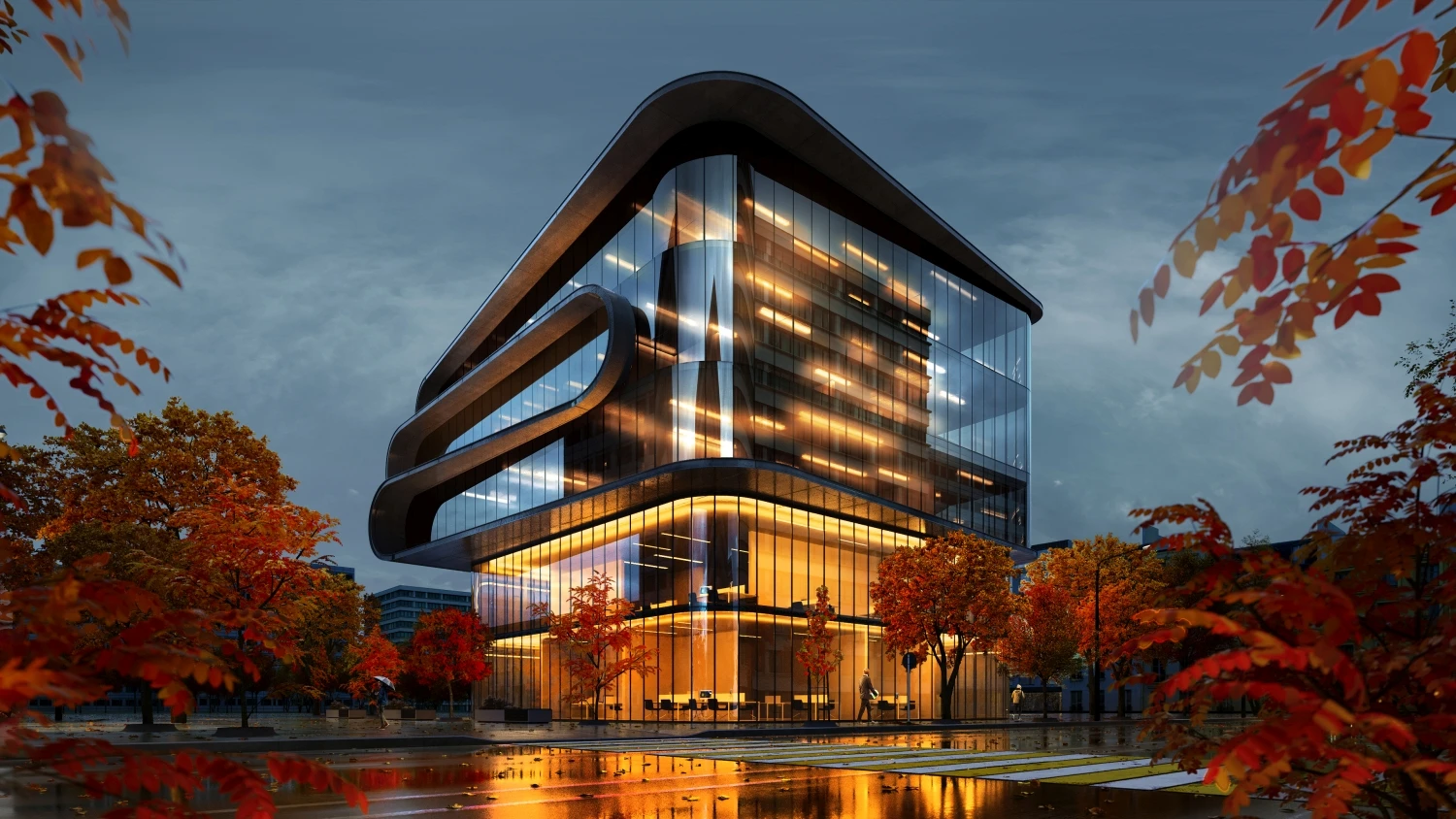 Office building rendering autumn view 1