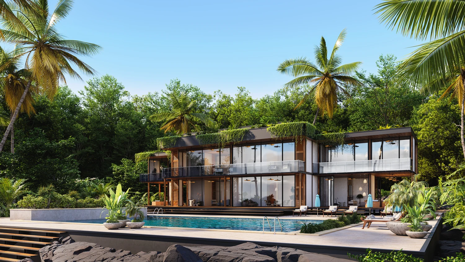 clear villa renderings on a hot afternoon