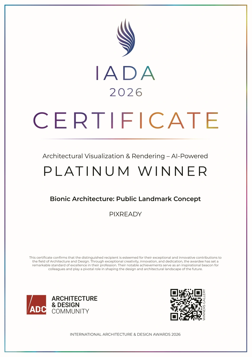 PIXREADY's Platinum Winner Certificate by IADA