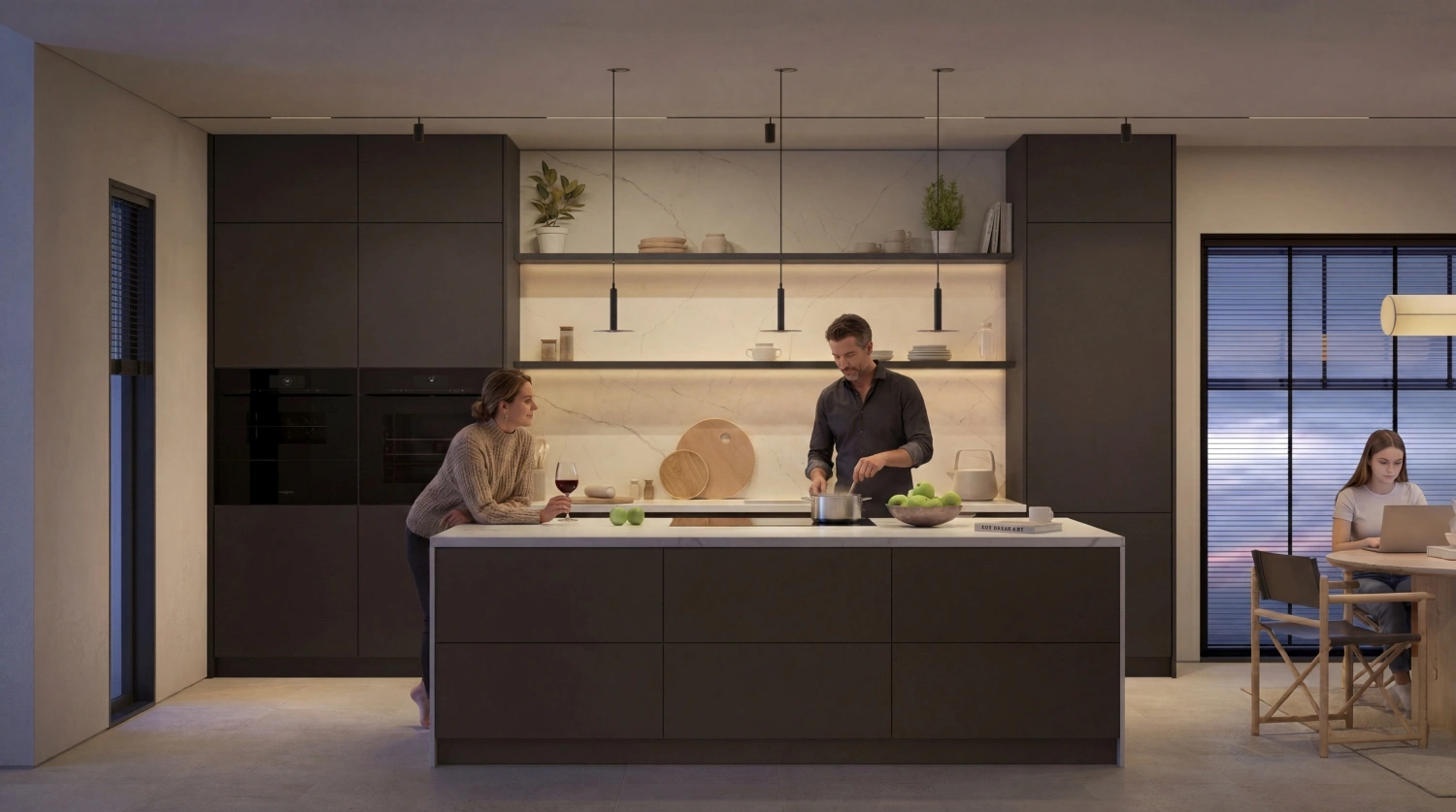 modern kitchen design rendering with people