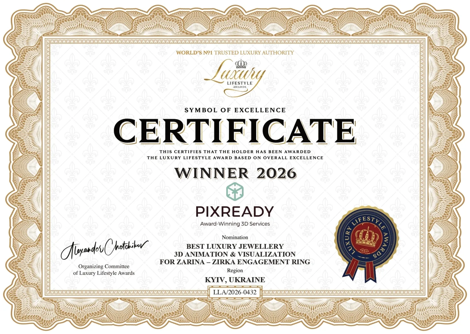 PIXREADY wins Luxury Lifestyle Awards with Jewelry 3D animation