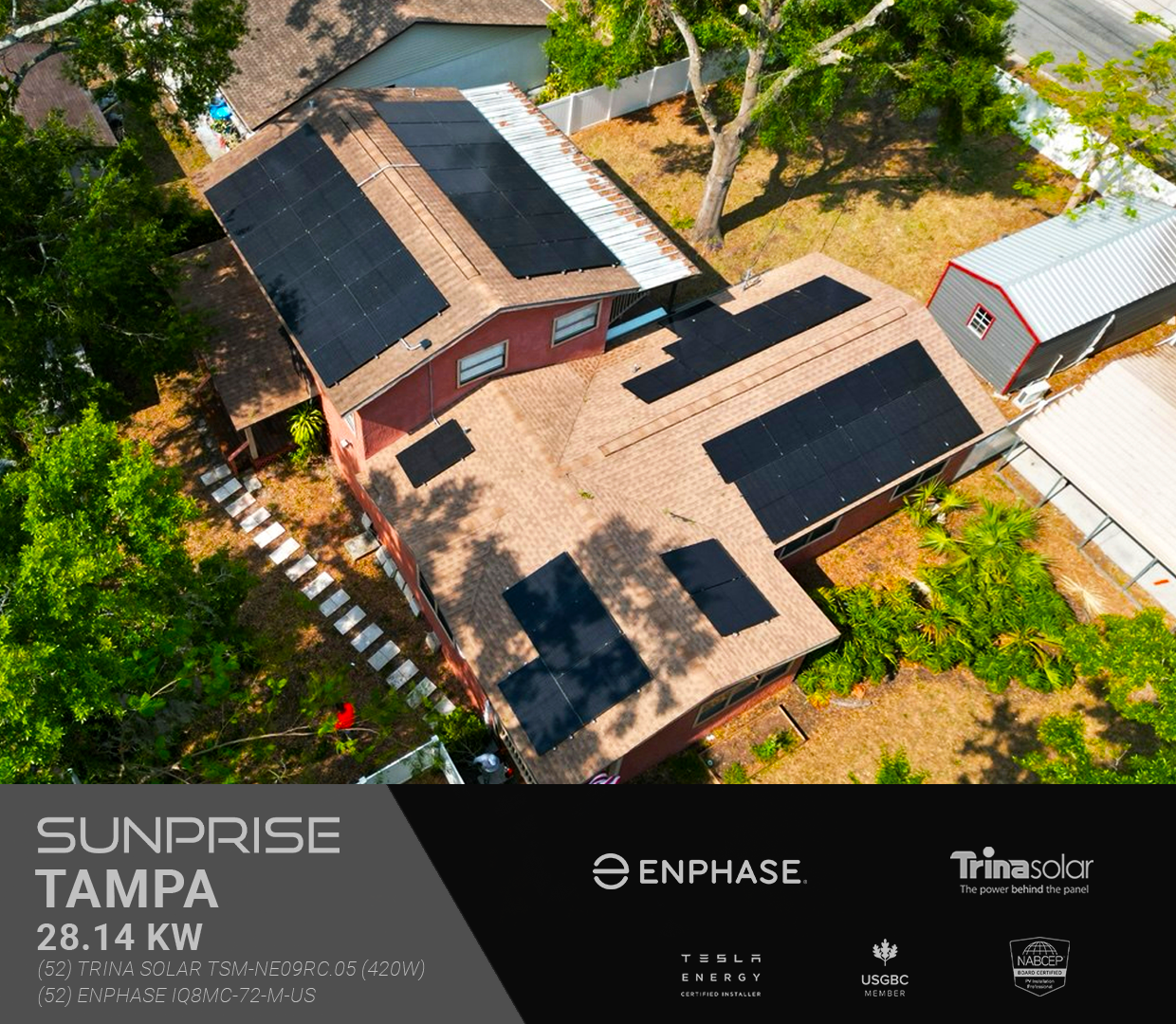 Professional 28.14kW solar panel installation in Tampa, Florida featuring Trina Solar panels and Enphase IQ8MC microinverters by Sunprise Solar