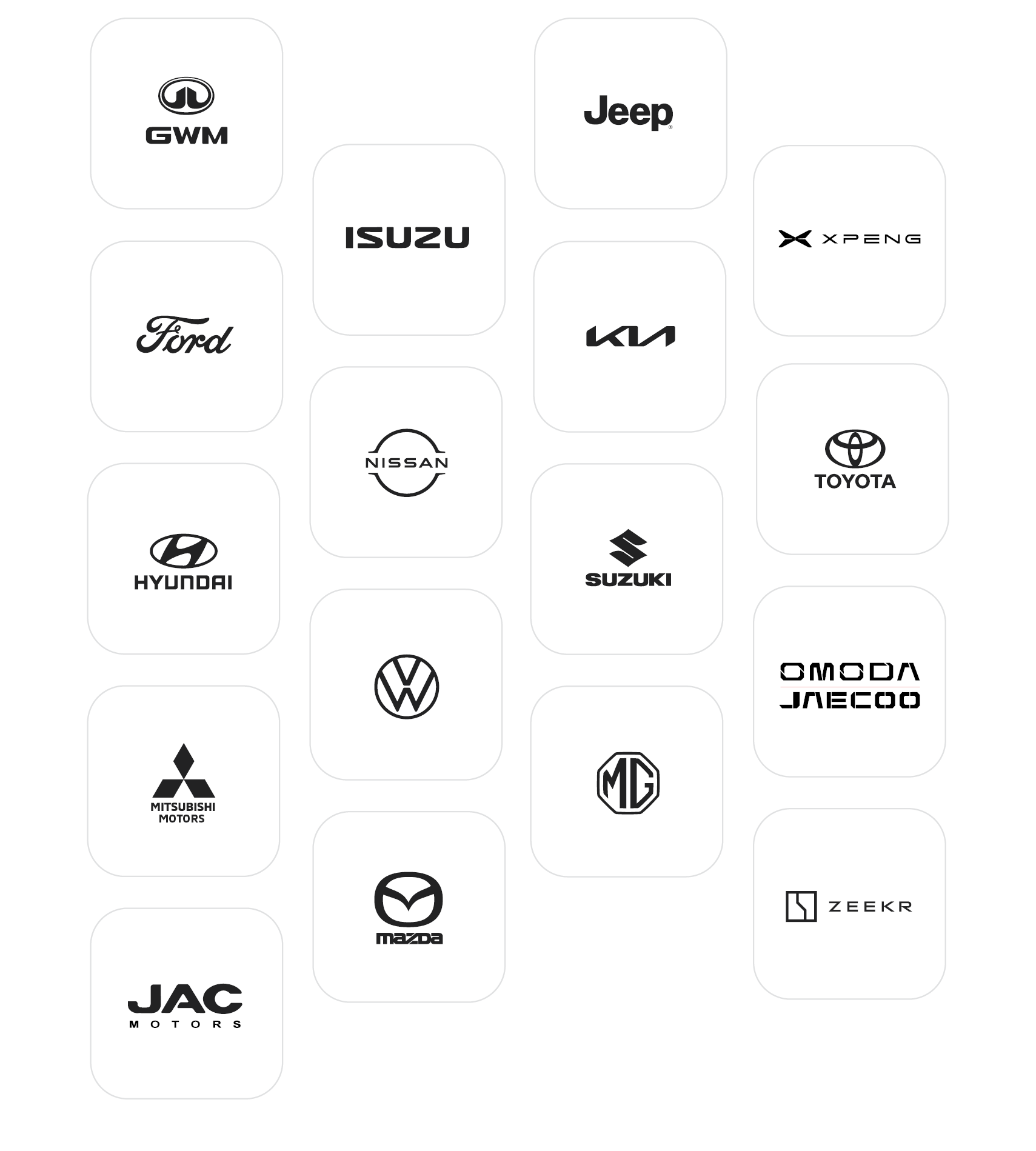 A grid of car manufacturer logos in black and white.
