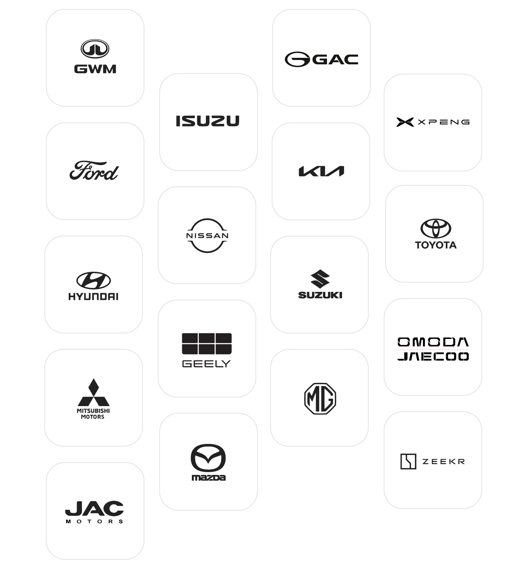 A grid of car manufacturer logos in black and white.