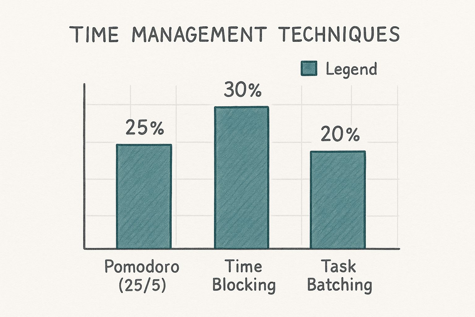 Infographic showing a side-by-side comparison of three time management techniques Pomodoro, Time Blocking, and Task Batching.