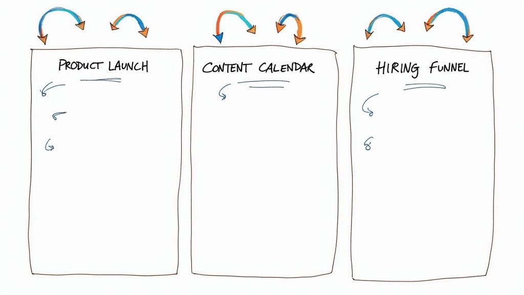 A digital interface showing various project templates for tasks like product launches and content calendars.