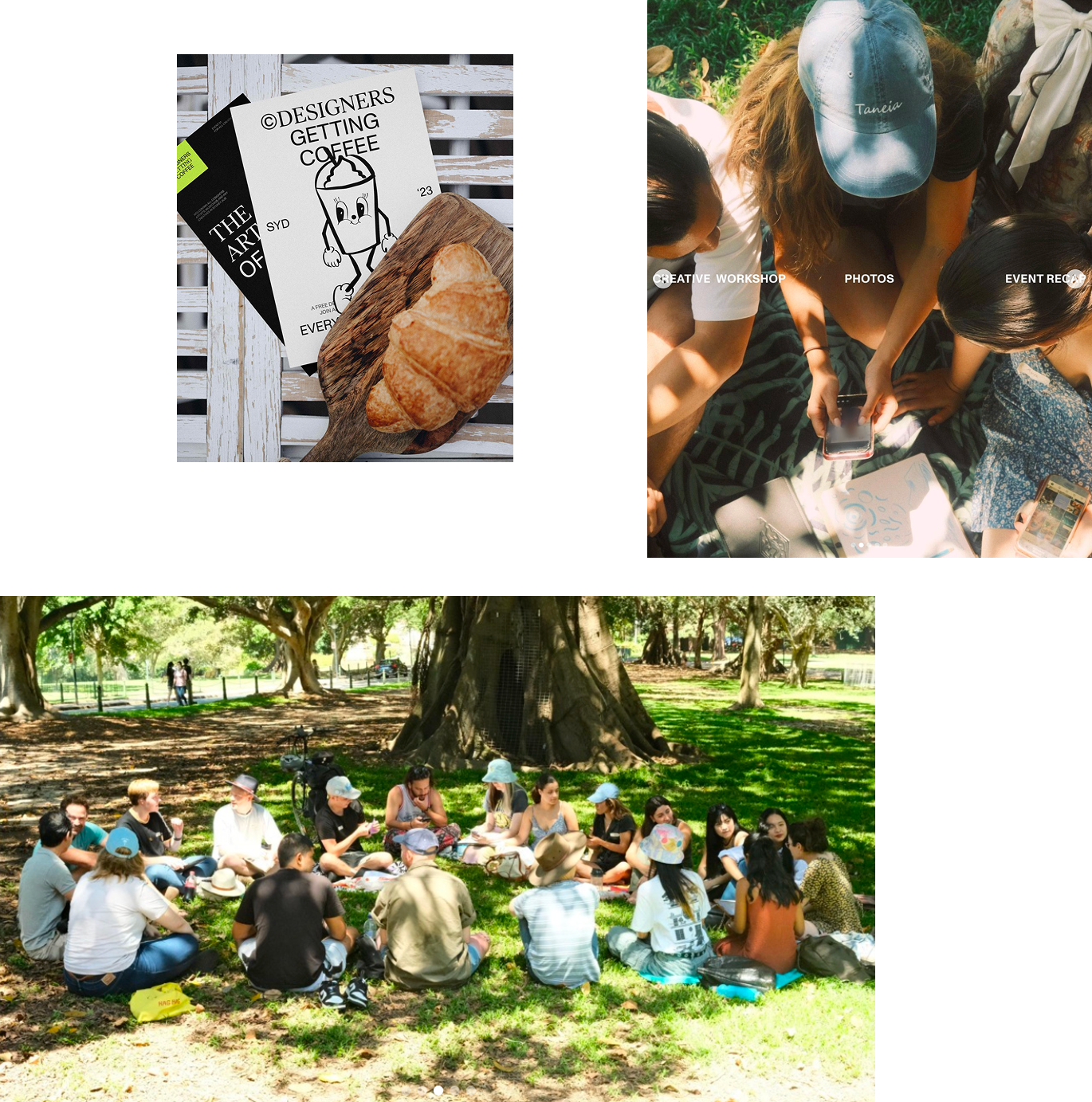 3 photos of the meet up, advertising and people in a circle