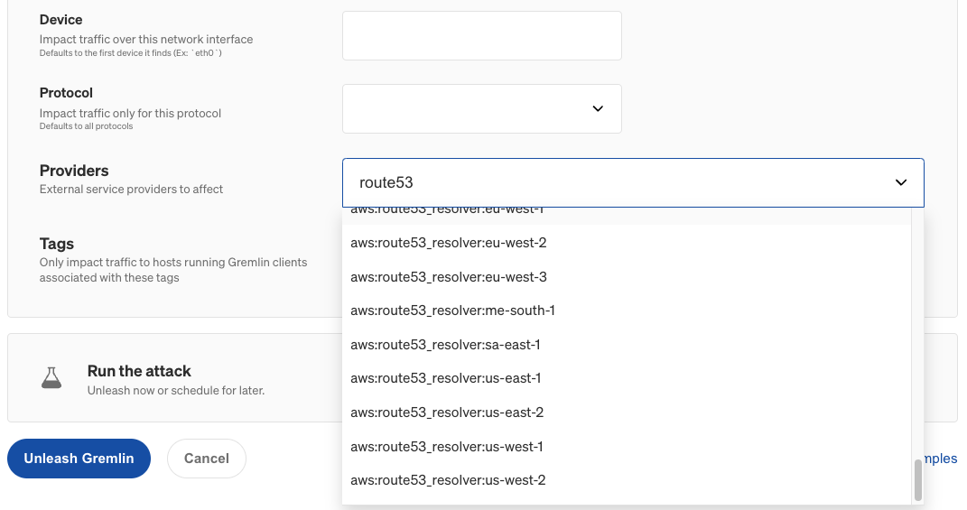 Selecting Amazon Route53 using the providers drop-down