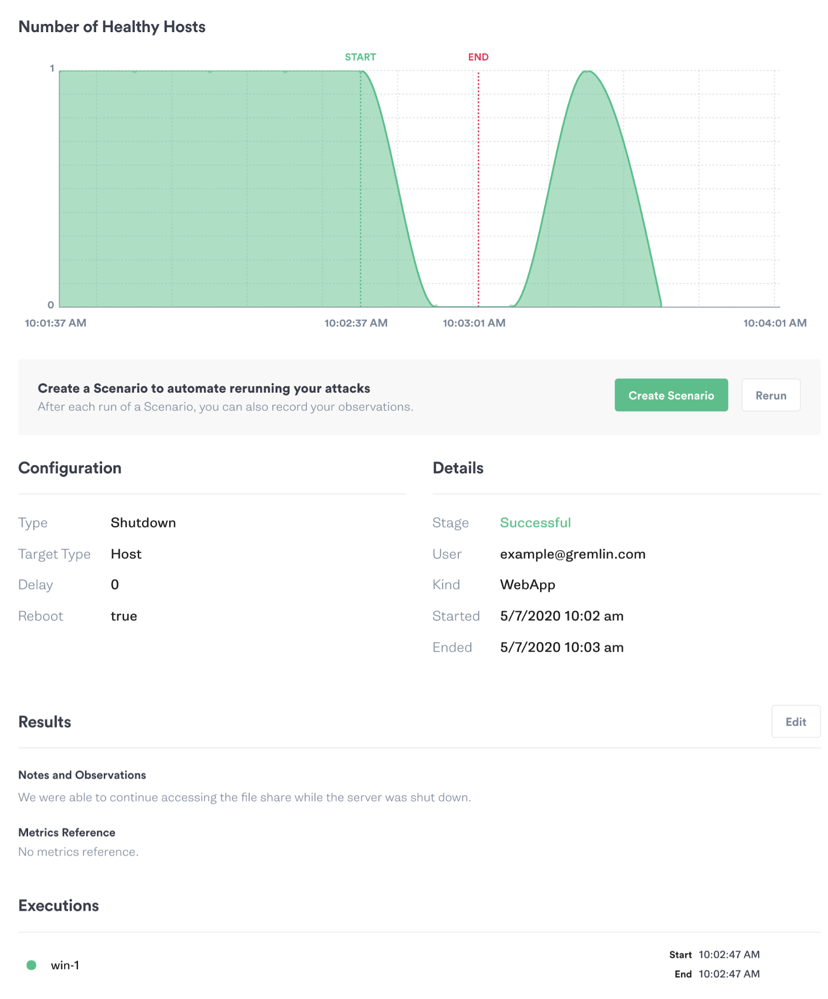 Results of a successful Shutdown attack showing a host shutting down and rebooting.