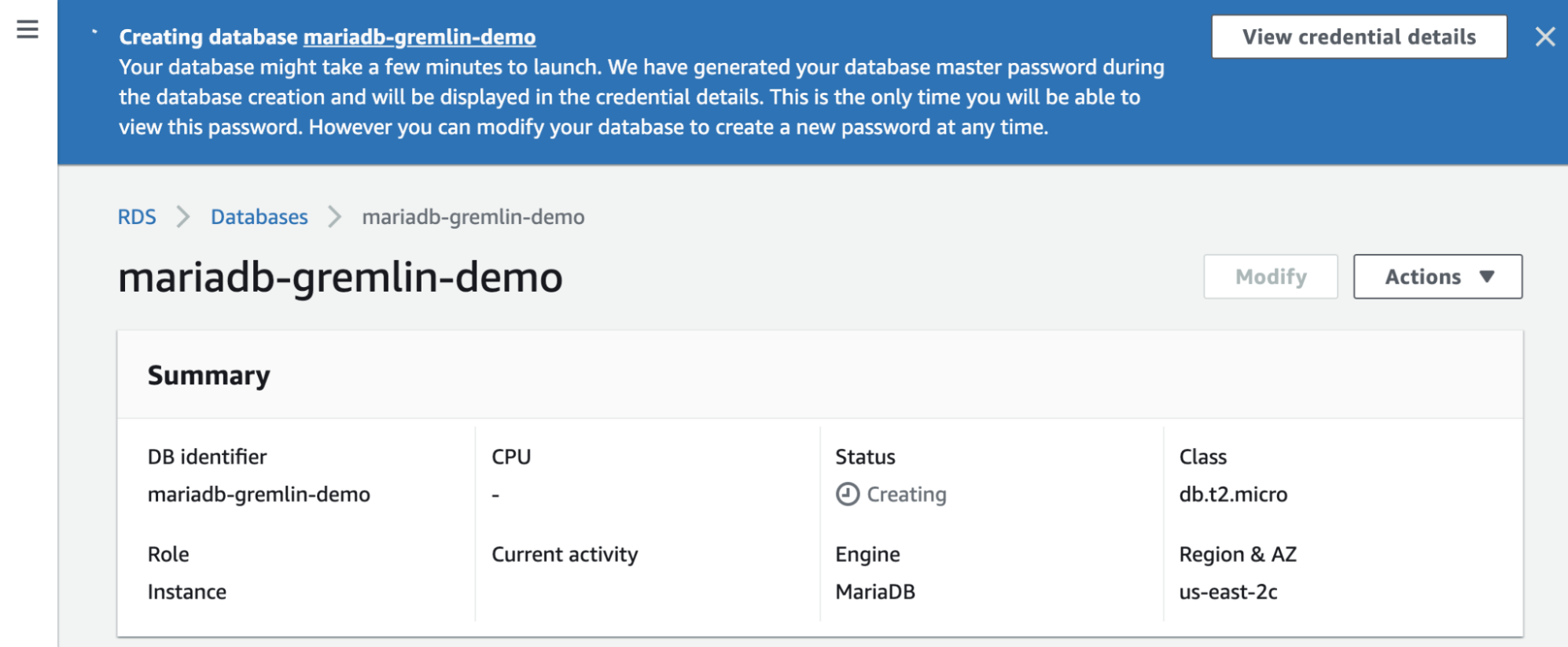 New database instance being created in Amazon RDS