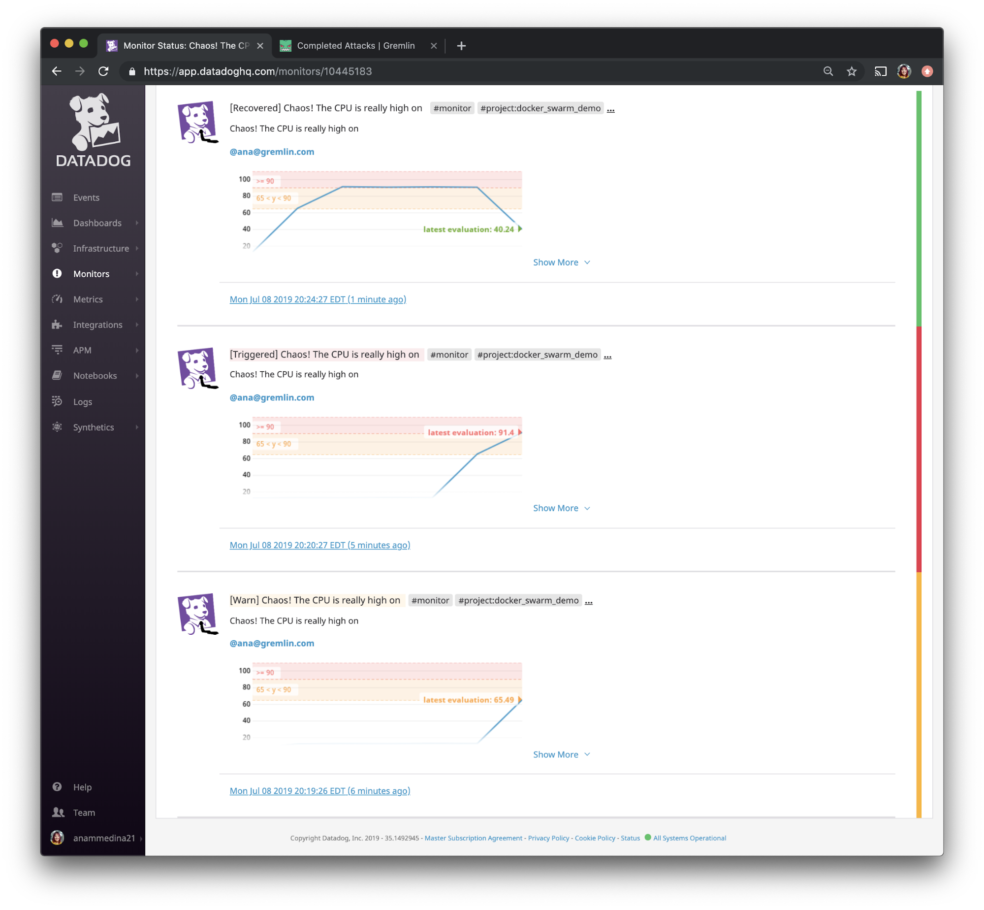 Validating monitors and alerts in Datadog.