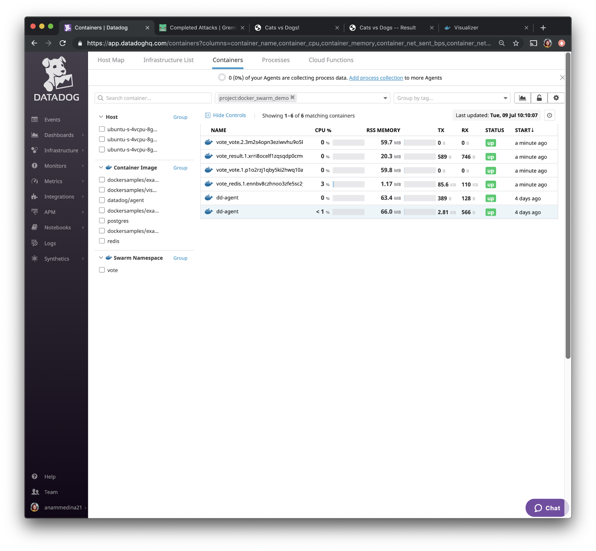 List of running containers in Datadog.