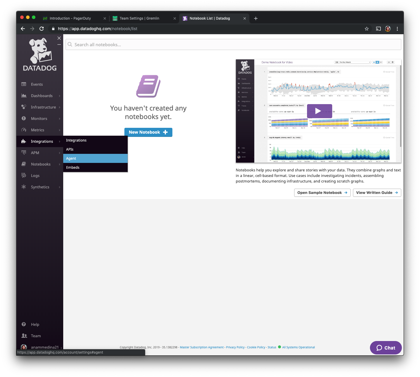 Datadog.com Navigation to Integrations - Agent - API Key