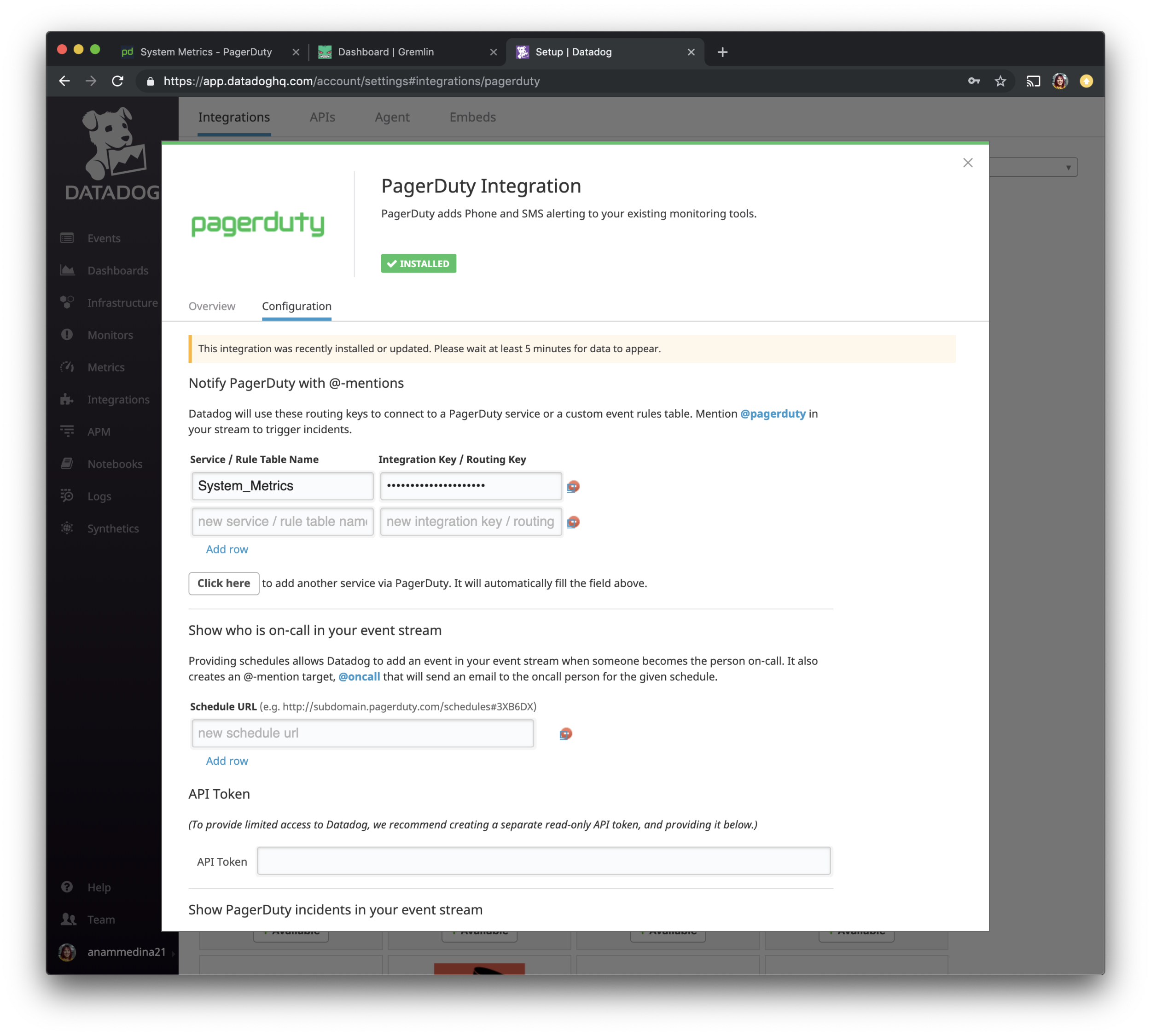 Datadog.com Web UI for PagerDuty Integration